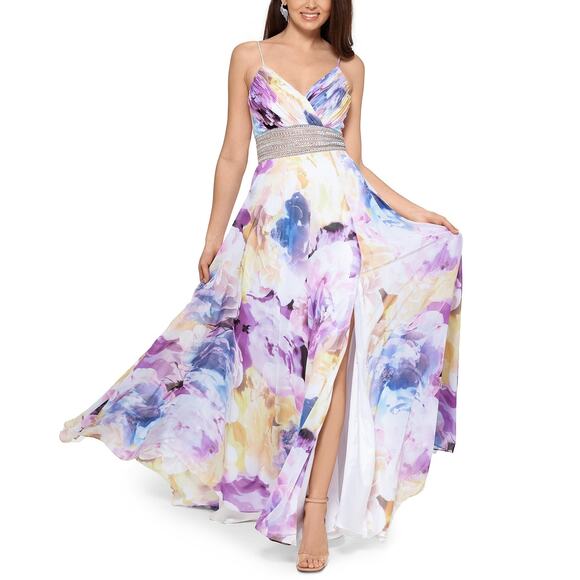 XSCAPE Women's Floral Print Embellished Waist Gown Dress